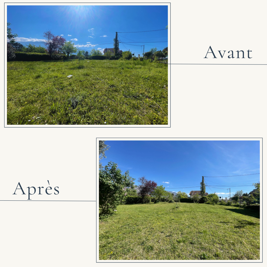 Avant après tonte de pelouse et entretien de jardin en copropriété à Cognin près de Chambéry par EXTEVIA jardinier.