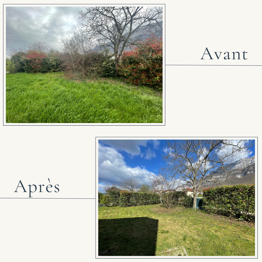 Remise en état complète d'espaces verts à Mouxy avec tonte de pelouse et nettoyage par Extevia paysagiste