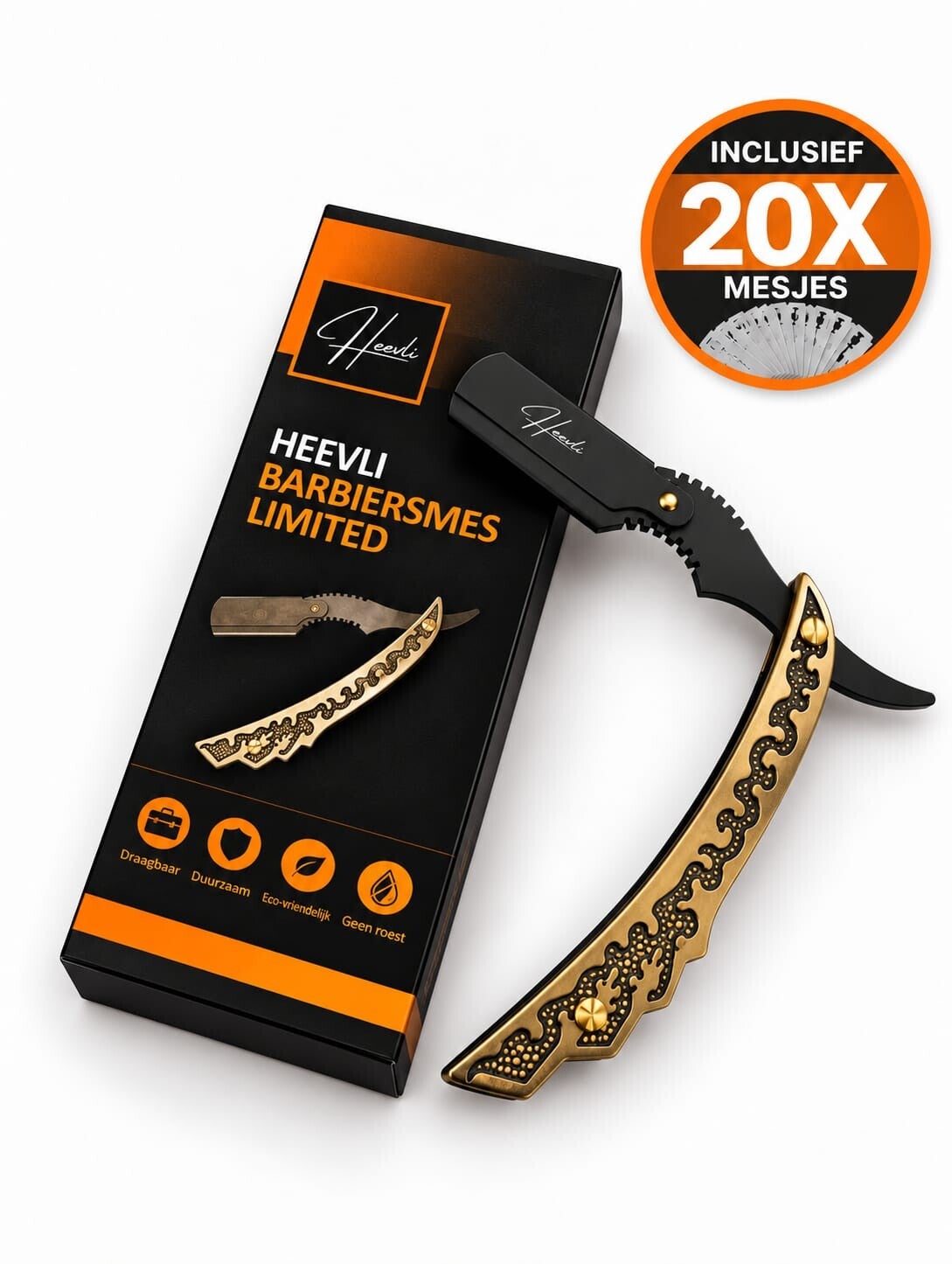 Heevli® Barbiersmes Limited – Open scheermes met Verwisselbare Mesjes – RVS Scheermes voor Mannen– Kappersmes – Inclusief 20 Mesjes