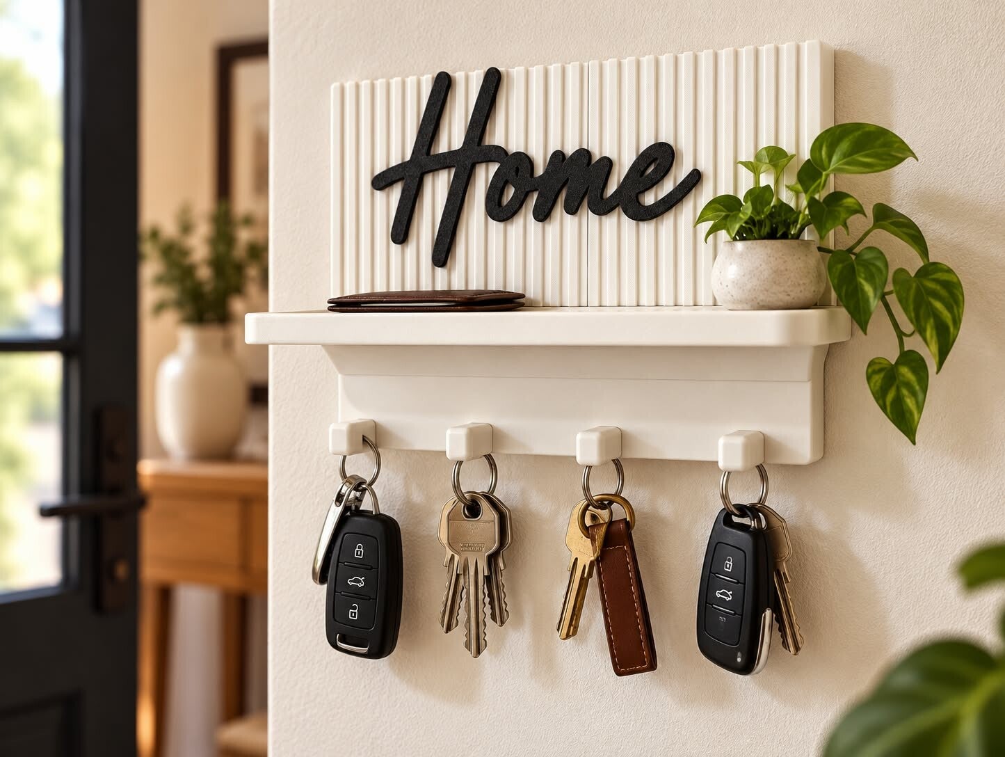 Heevli Sleutelrekje ‘Home’ met legplank en 5 haken – Wit & zwart – 25 cm