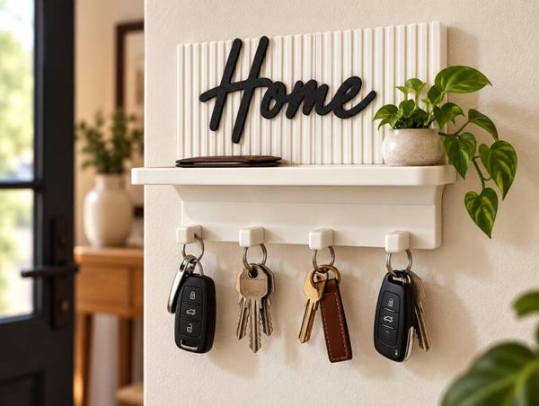 Heevli Sleutelrekje ‘Home’ met legplank en 5 haken – Wit & zwart – 25 cm