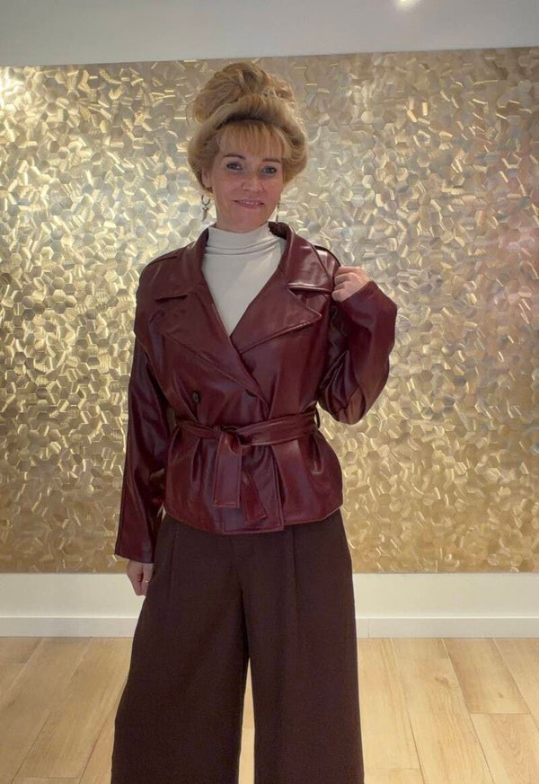 Burgundy Belted PU Leather Jacket