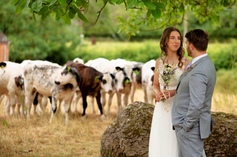 couple photo in the field at the courtyard barns