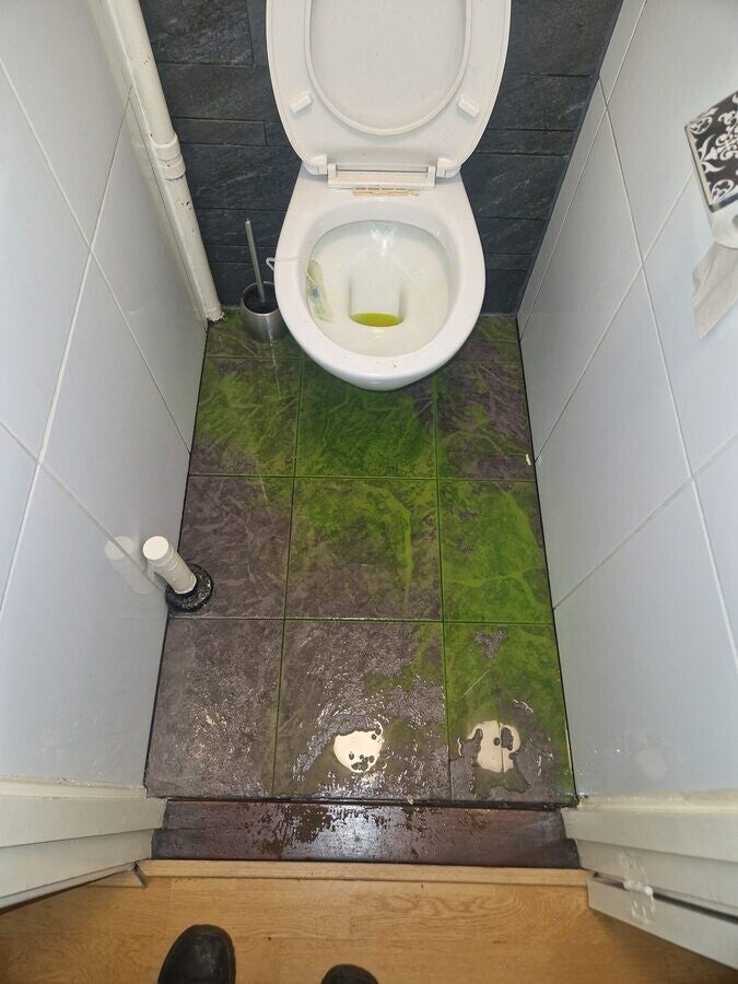 Schimmel en aanslag op toiletvloer door waterlekkage bij afvoer - Amsterdam