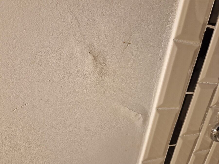 Waterschade en bobbelvorming in plafond badkamer door lekkage - lekdetectie Amsterdam