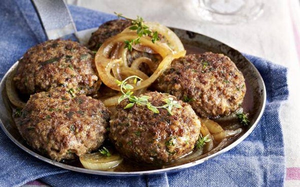 15/10 Soep van de dag -Smaakvolle hamburger met uiensaus en romige bloemkoolpuree-dessert