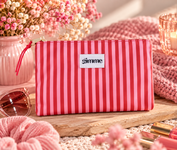 Toilettasje Plat - Rood/roze - dunne strepen
