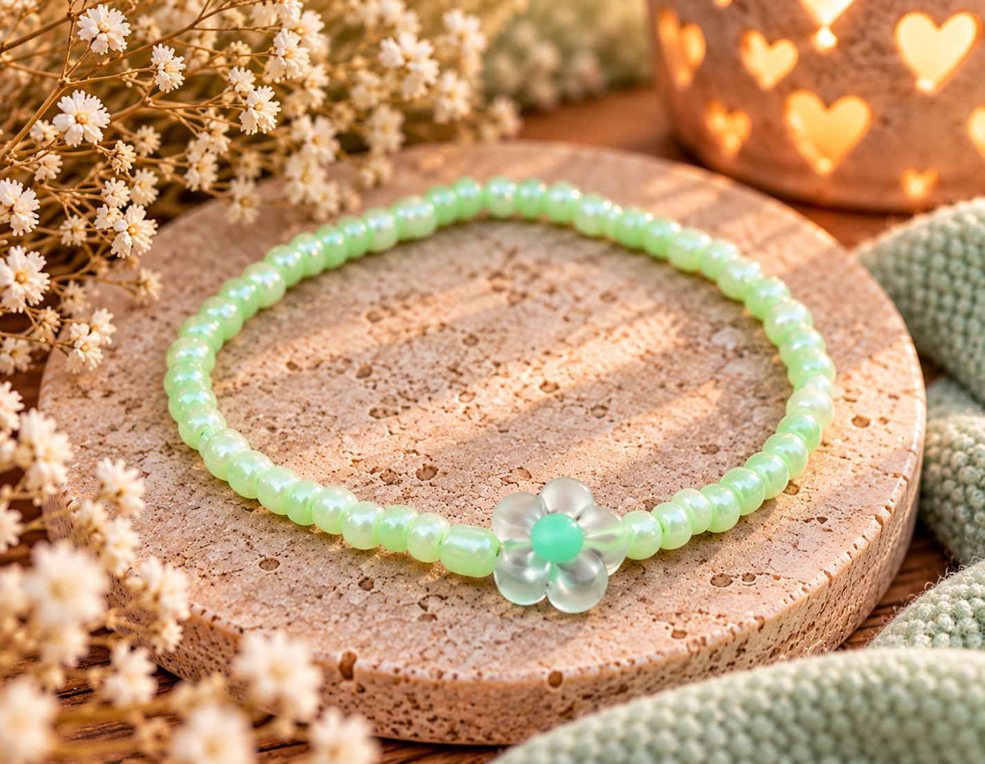 Armband kralen - groen/bloem