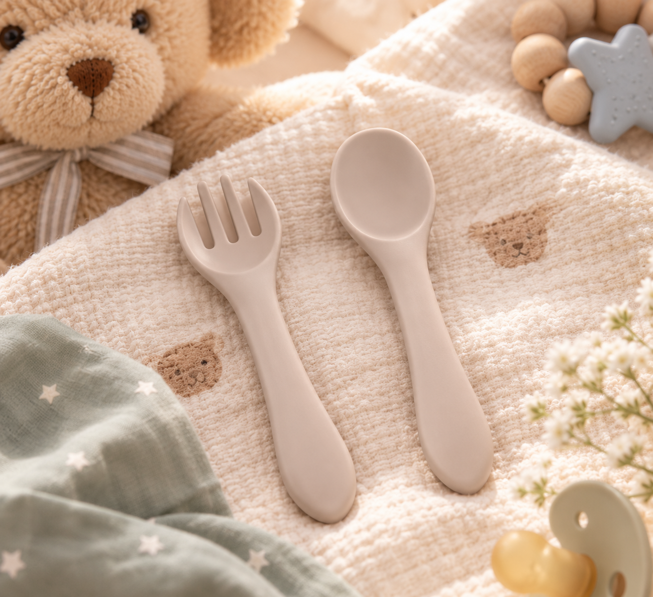 Siliconen Lepel en Vork - Beige