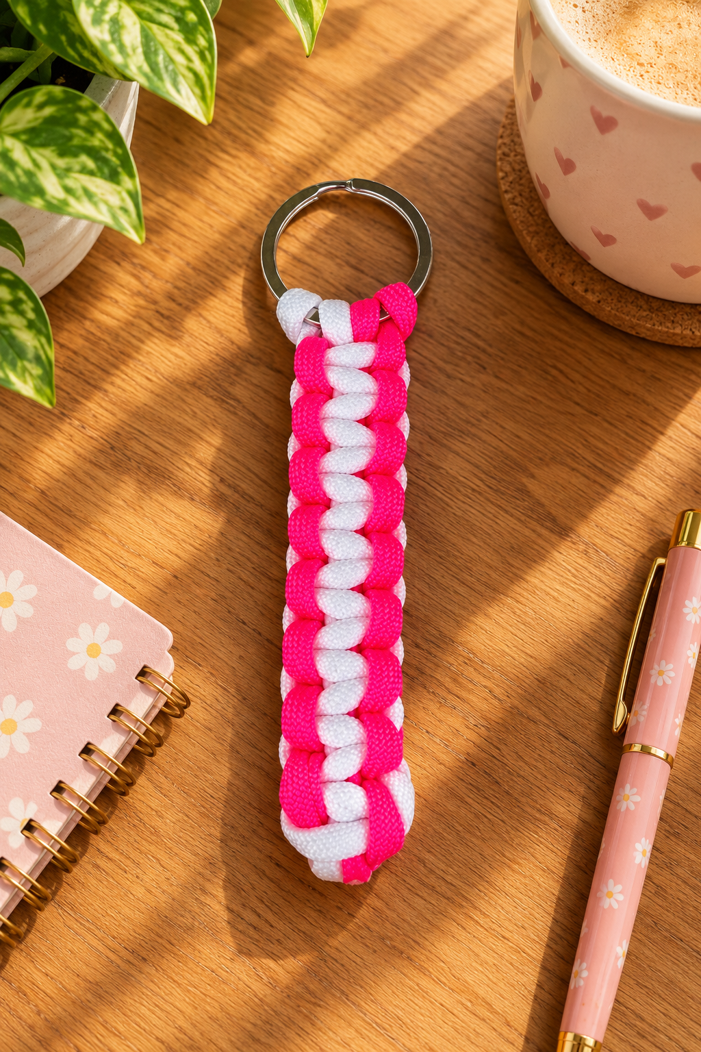 Sleutelhanger :  fluo roze - wit