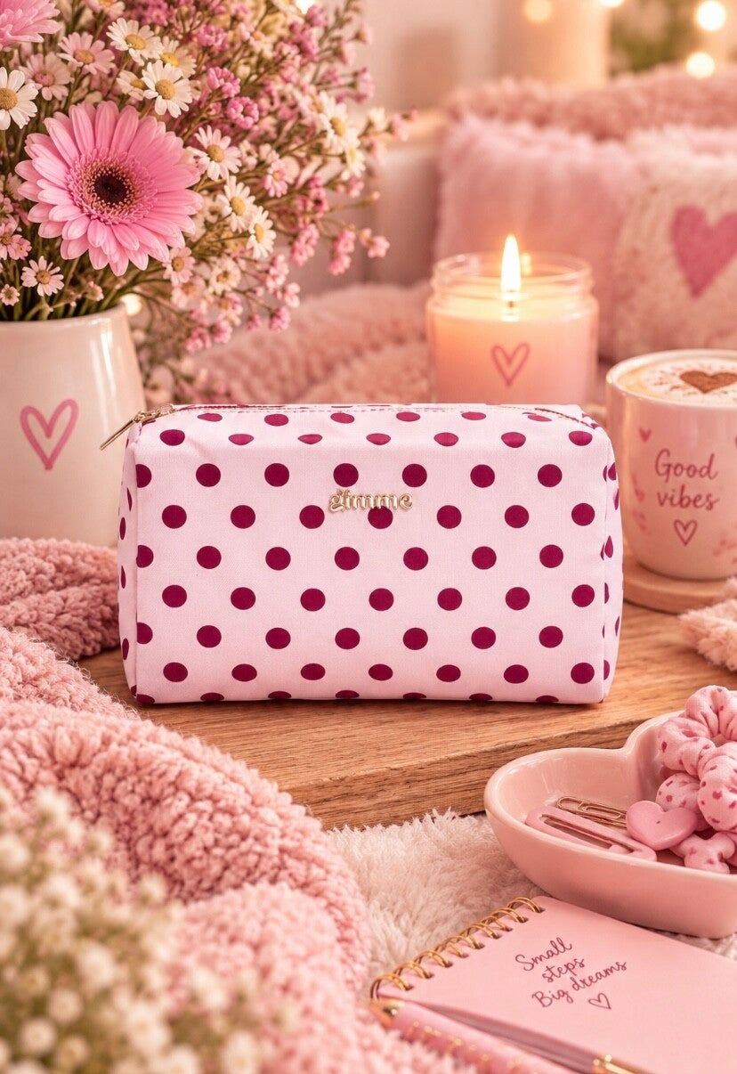 Toilettas - Make up tas stippen roze met burgundy