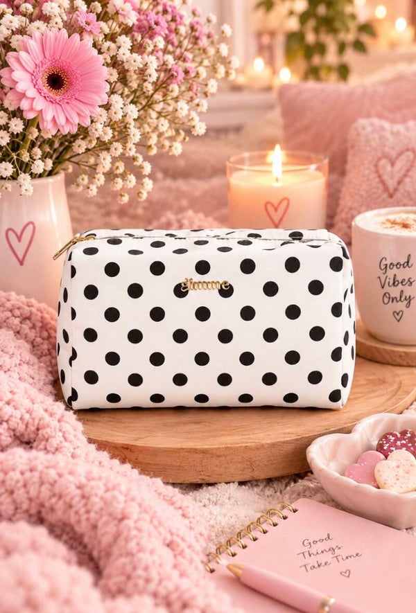 Toilettas - Make up tas stippen wit met zwart