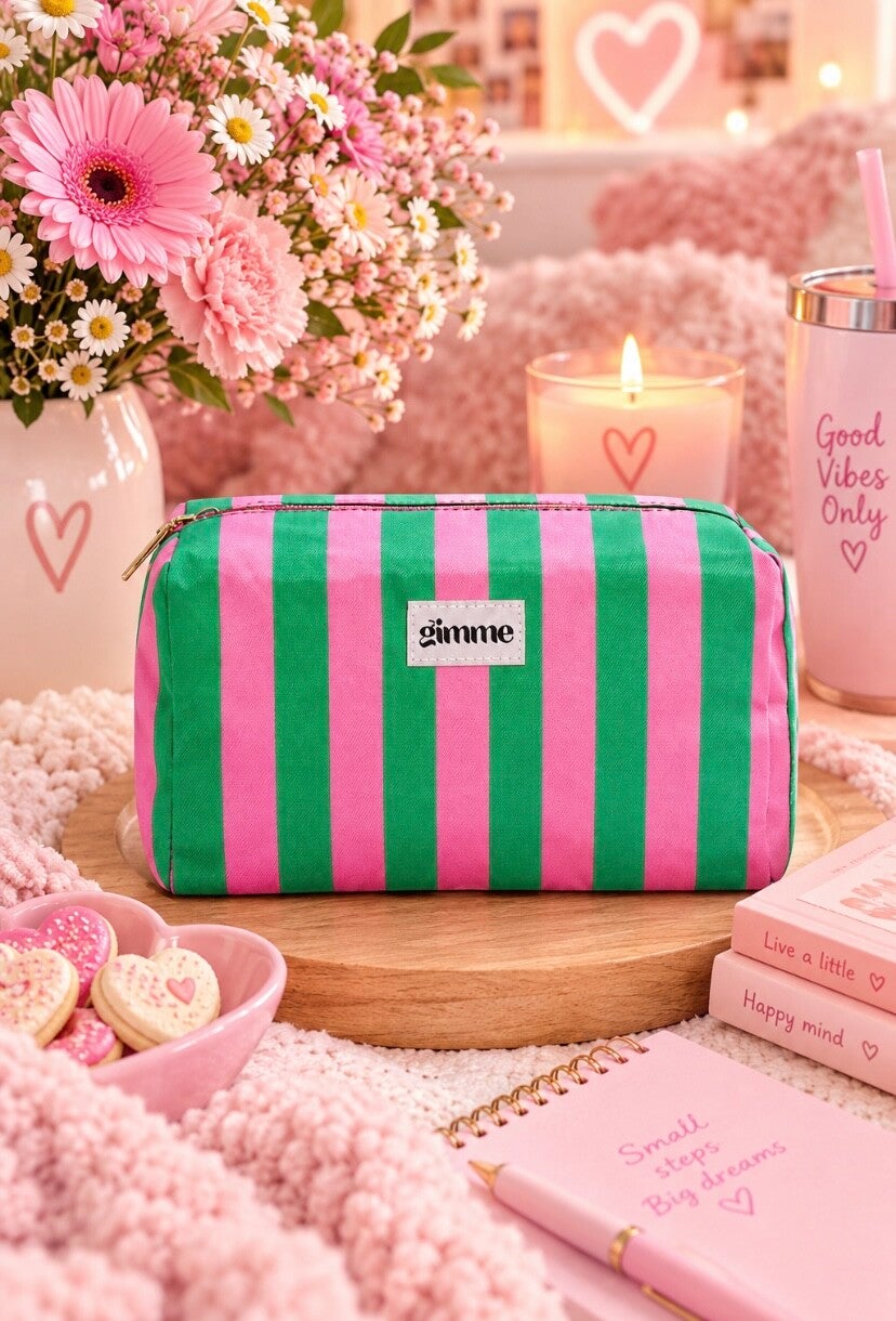 Toilettas - Make up tas strepen casual groen-roze