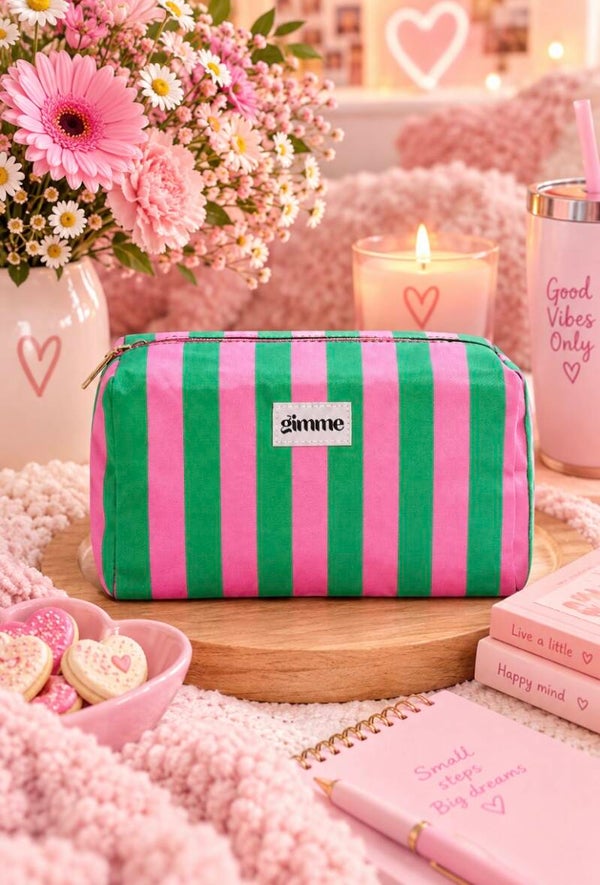 Toilettas - Make up tas strepen casual groen-roze