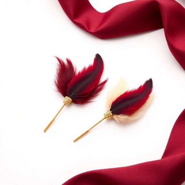 Horquillas Pluma Granate Doble detalle Plumas burdeos + punta oro · Set de 2