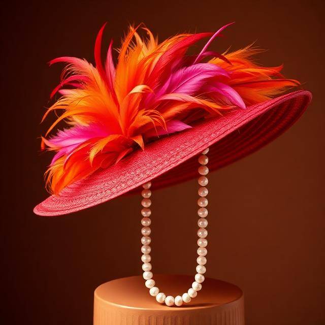 Pamela Ascot Fuego Real Reina del color Fucsia + plumas naranja y rosa · Perlas XXL