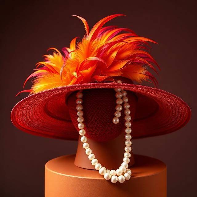 Pamela Ascot Coral Fuego Explosión Ascot Rojo coral + plumas fuego · Collar perlas