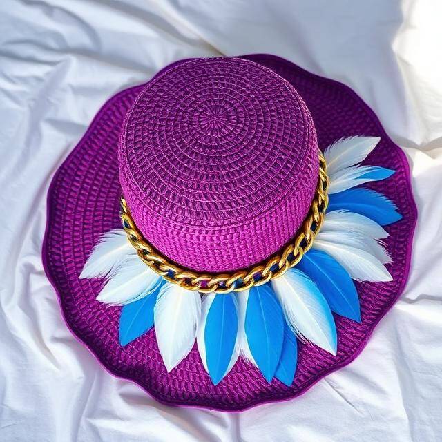  Canotier Prisma Flor Jardín real Púrpura + pétalos blanco y azul · Cadena oro