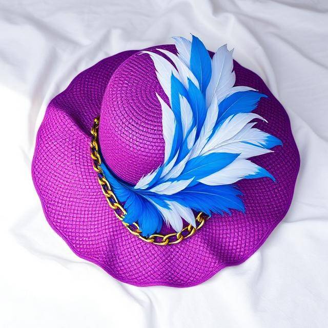 Canotier Prisma Púrpura Realeza pop Púrpura + plumas azul y blanco · Cadena oro