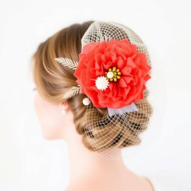 Tocado Red Coral Color que alegra Red + flor coral + perlas · Invitada divertida