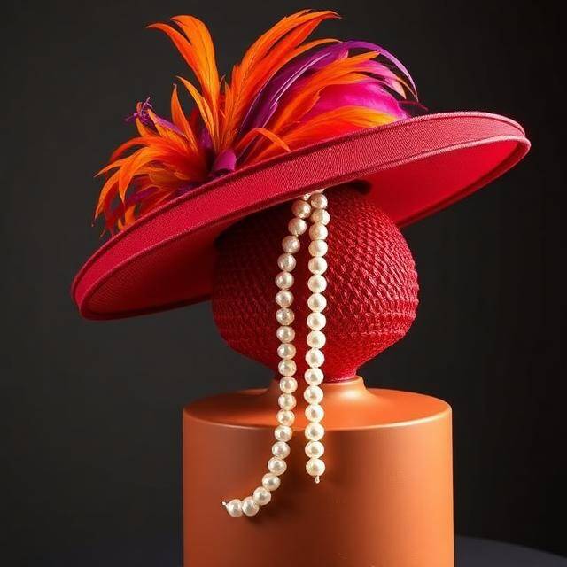 Tocado Ascot Cereza Poder en rojo Cereza + plumas coral y fucsia · Perlas cascada