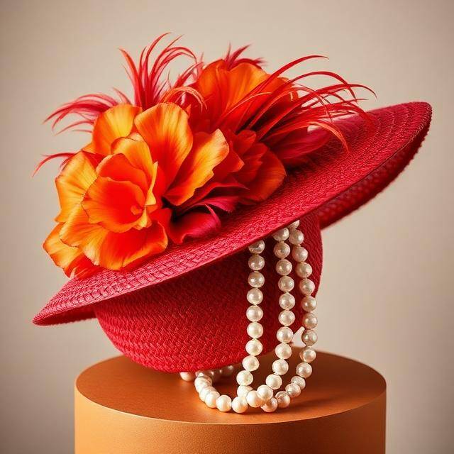 Pamela Ascot Coral Flor Drama en coral Rojo + flor seda + plumas fuego · Perlas