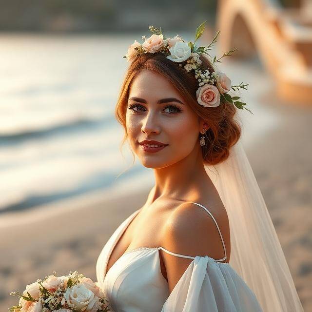 Corona Helena Velo Playa Sí, quiero en la arena Flores + velo corto · Bridal destino