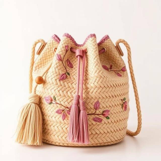 Capazo Bkarola Flores Bordadas II Verano eterno Rafia + flores + borla rosa · Artesano
