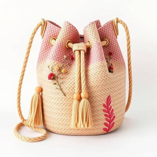 Bucket Bkarola Bordado Floral Flores que hablan Rafia + bordado lila · Romántico