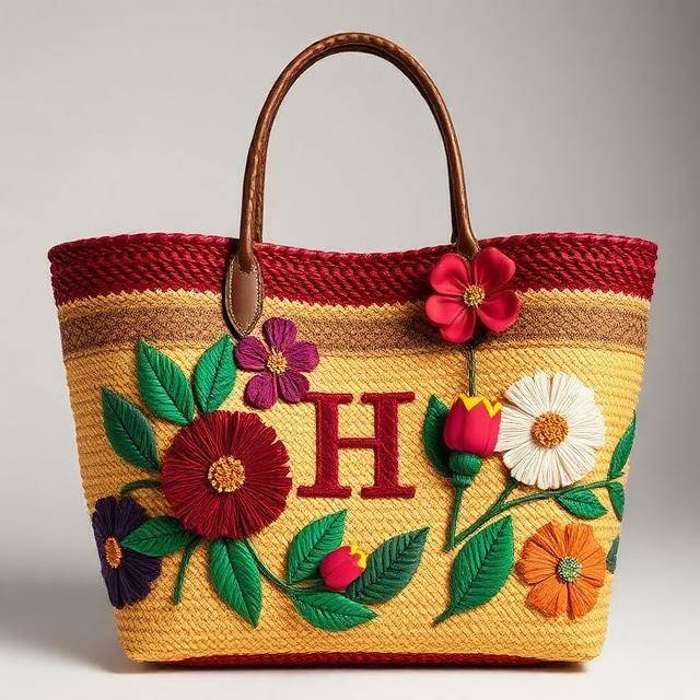Shopper Bkarola H Floral Herencia Viva Rafia + flores bordadas + H · Personalizable