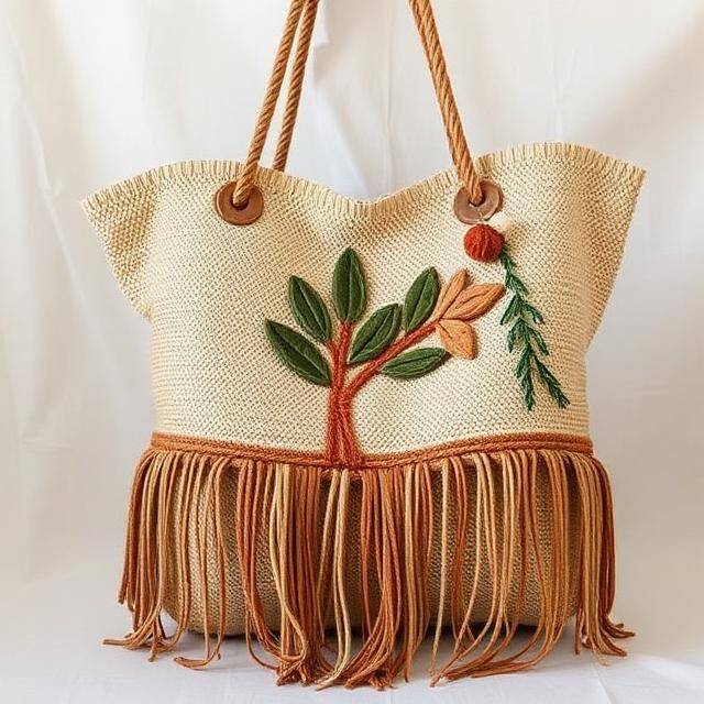 Shopper Bkarola Flecos Hoja Boho Bkarola Rafia crudo + hojas + flecos · Natura