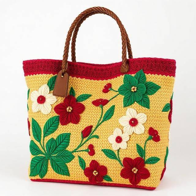 Shopper Bkarola Tropical Selva al hombro Rafia + flores + hojas · Exótico