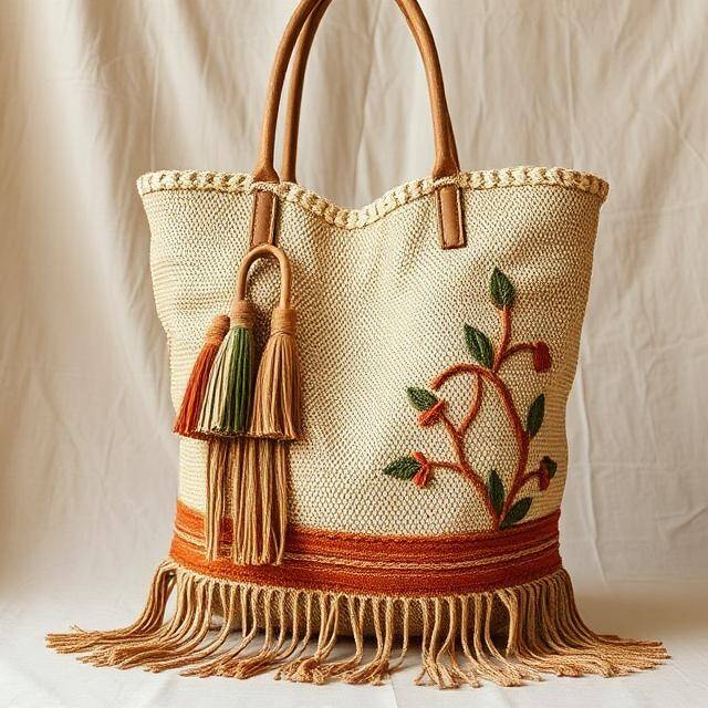 Shopper Bkarola Flecos Palmera Sombra natural Rafia + palmera bordada · Verano
