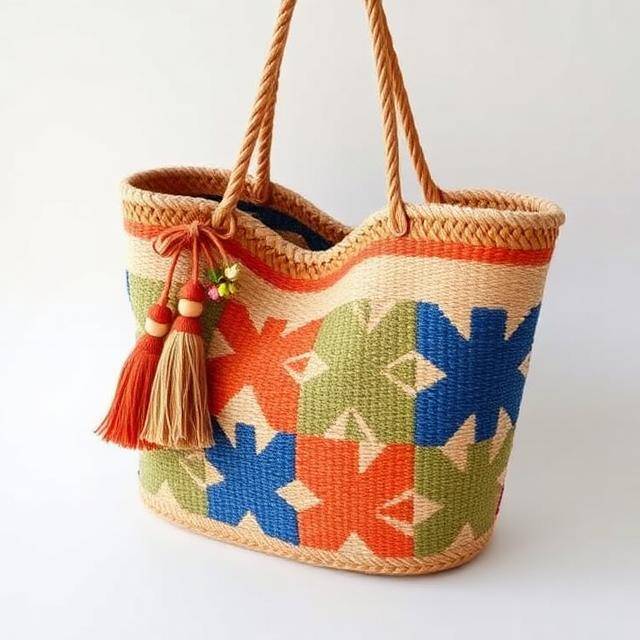 Capazo Bkarola Floral Azul Jardín al hombro Rafia + flores patchwork · Verano