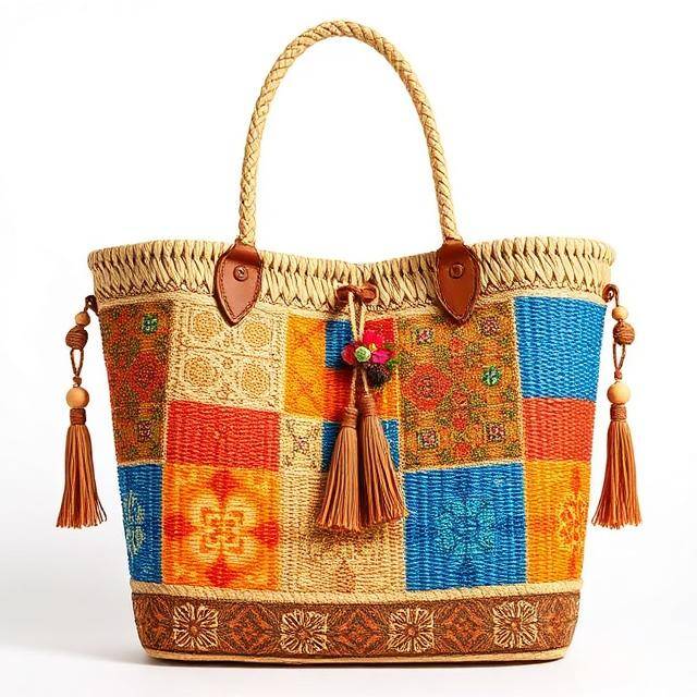 Capazo Bkarola Patchwork Natural Raíces que visten Rafia + flores bordadas · Alma Bkarola