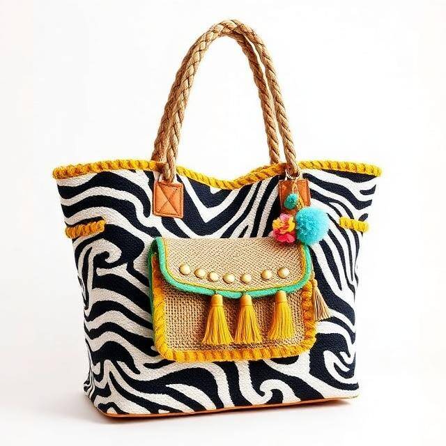 Shopper Bkarola Zebra Mini Zebra va de compras Rafia zebra + borla · Colección Zebra