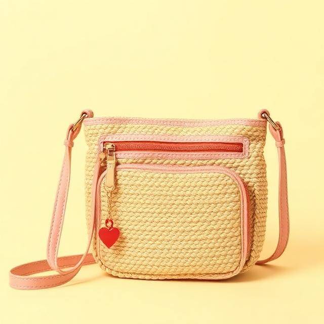 . Bandolera Bkarola Candy Dulce y funcional Rafia rosa + amarillo + bolsillo · Útil