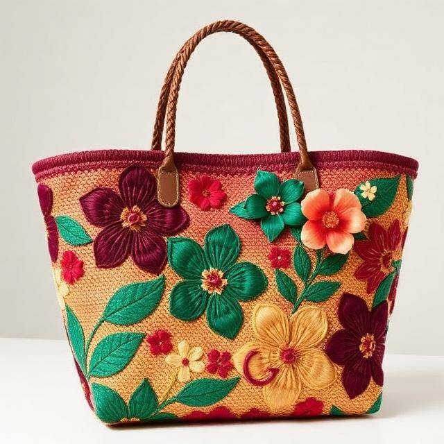 Shopper Bkarola Floral Rojo Pasión botánica Rafia + flores rojas · Vital
