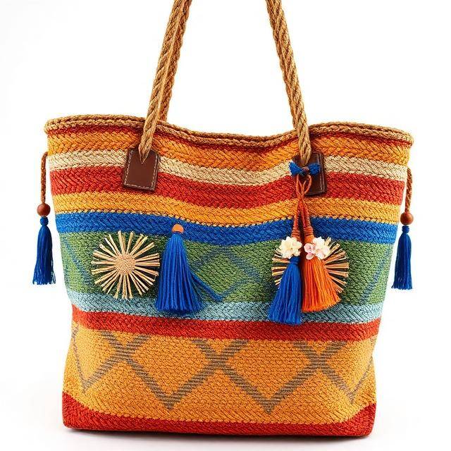 Capazo Bkarola Étnico Azul Viaje artesano Rafia tejida + borlas + cuero · Único