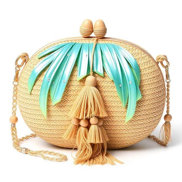 Bolso Concha Bkarola Turquesa II Ola plisada Rafia + cierre esfera madera · Sirena