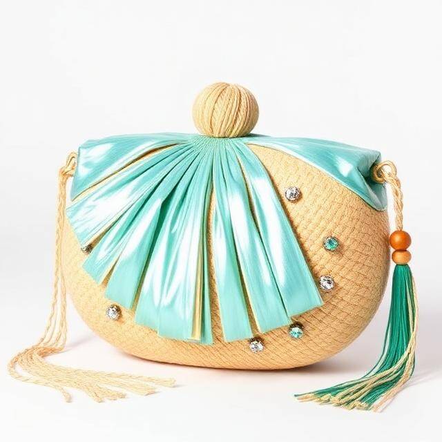 Bolso Concha Bkarola Turquesa III Tesoros del mar Rafia + borla seda · Verano eterno