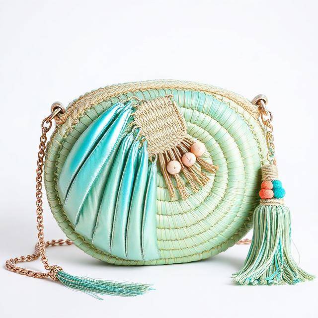 Bolso Concha Bkarola Joyel Nácar plisado Rafia + joyel oro · Fiesta