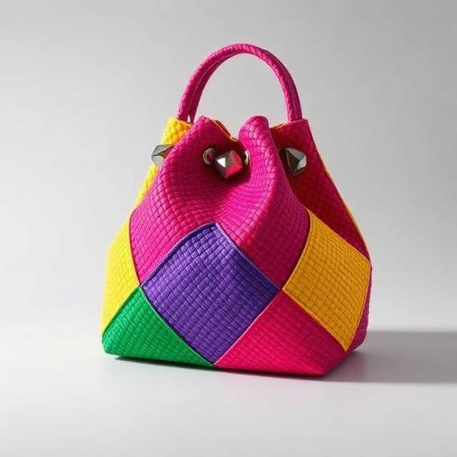 Bucket Bkarola Technicolor I Fucsia, verde, morado Piel patchwork + cordón · Statement