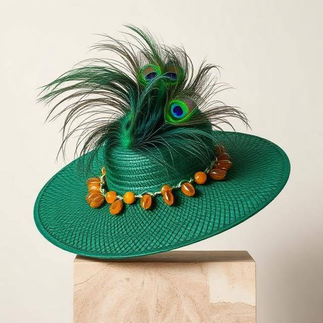 Pamela Ascot Pavo Real Majestad verde Esmeralda + plumas pavo real · Pompones oro