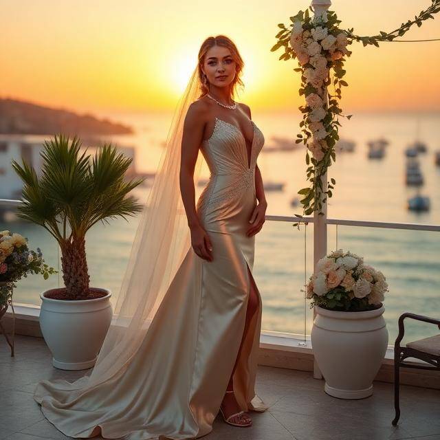 Look Novia Bella Helena Novia del mar Vestido seda + corona flores · Atardecer