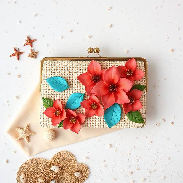 Clutch Eco Caja Flores Cofre de verano Caja forrada + flores 3D · Pieza joya
