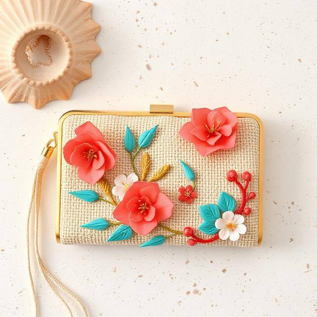 Clutch Eco Flores Coral Puesta de sol Rafia + flores coral · Cadena oro