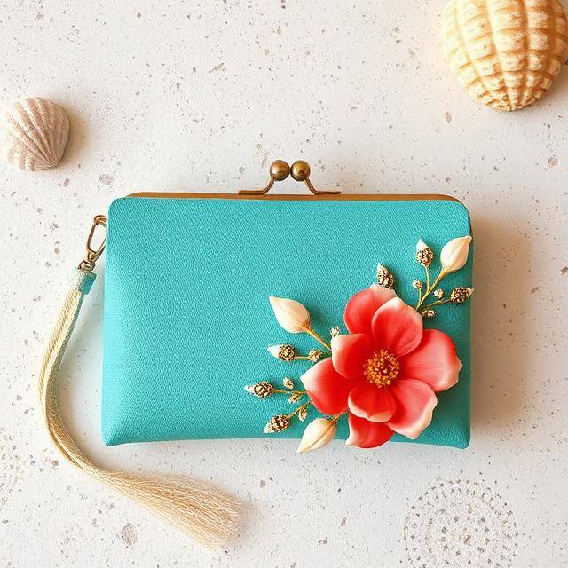 Clutch Eco Turquesa Flor Mar en tu bolso Rafia turquesa + flor coral · Cierre joya
