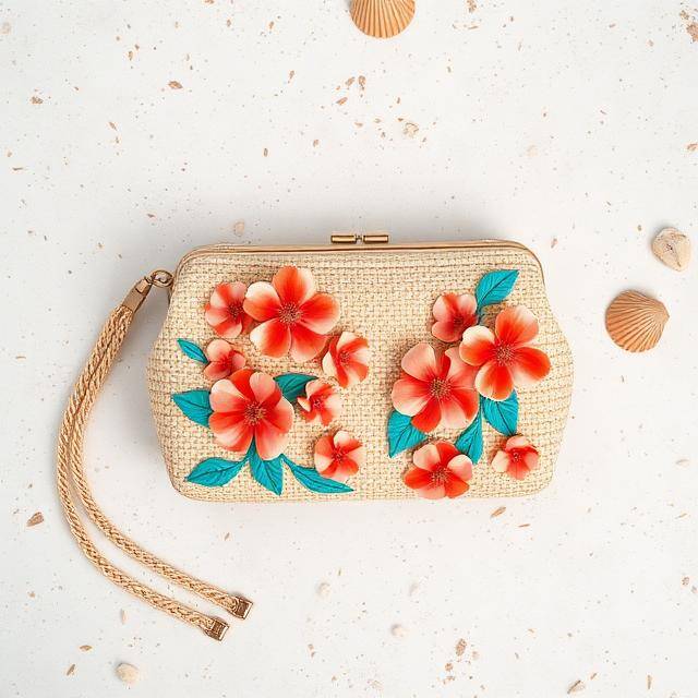 Clutch Eco Rafia Flores Jardín de mano Rafia natural + flores coral/turquesa · Asa muñeca