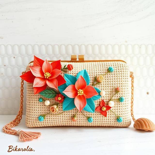Clutch Eco Rafia Flor XL Explosión floral Rafia + flores coral y turquesa · Maxi